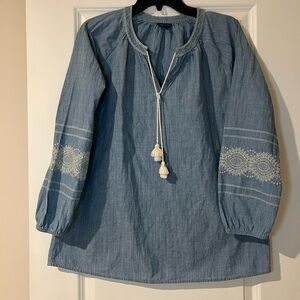 J. Jill Blue Denim Blouse with White Embroidery